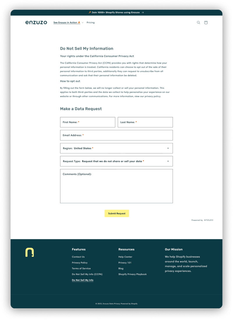 CCPA - Enzuzo - Do Not Sell My Info