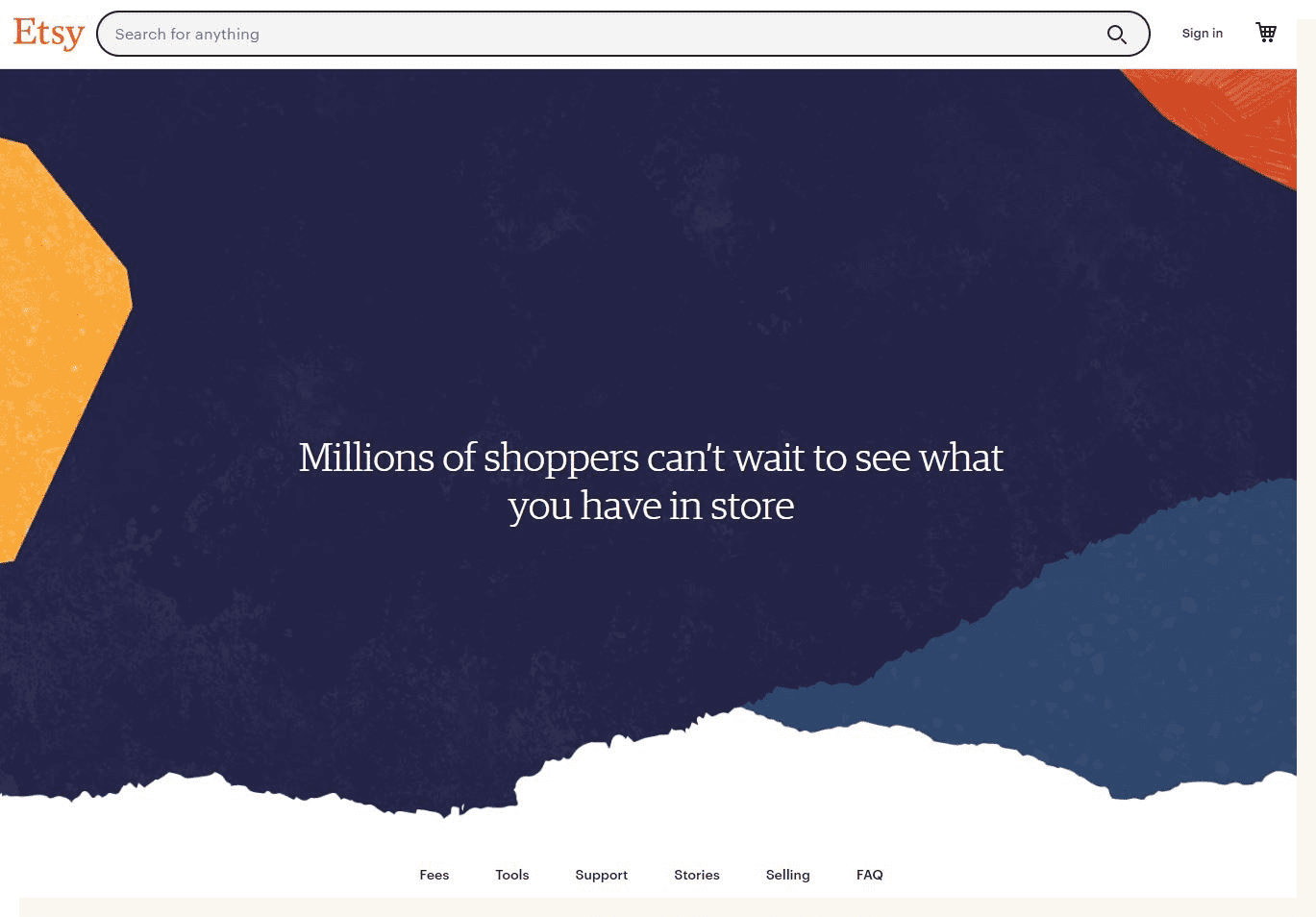 An image of the Etsy seller homepage. The main text reads: "Millions of shoppers can't wait to see what you have in store." The text is surrounded by blue, red, and yellow artistic ink splotches.