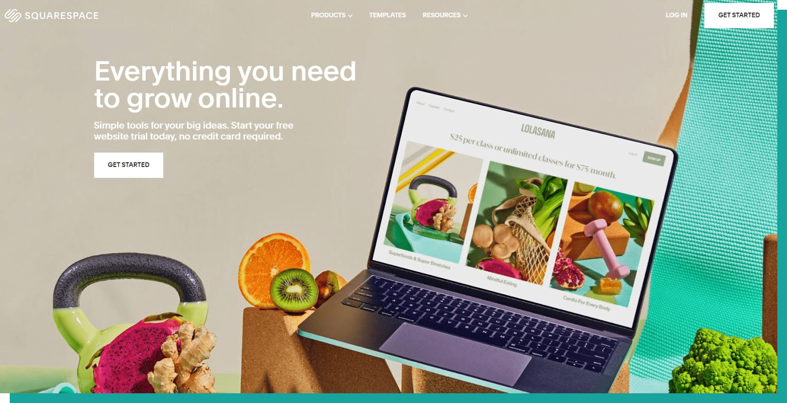An image of the Squarespace homepage. The main text reads: "Everything you need to grow online." There is a laptop with fitness classes advertised on screen, surrounded by healthy fruits, vegetables, and a green kettlebell.