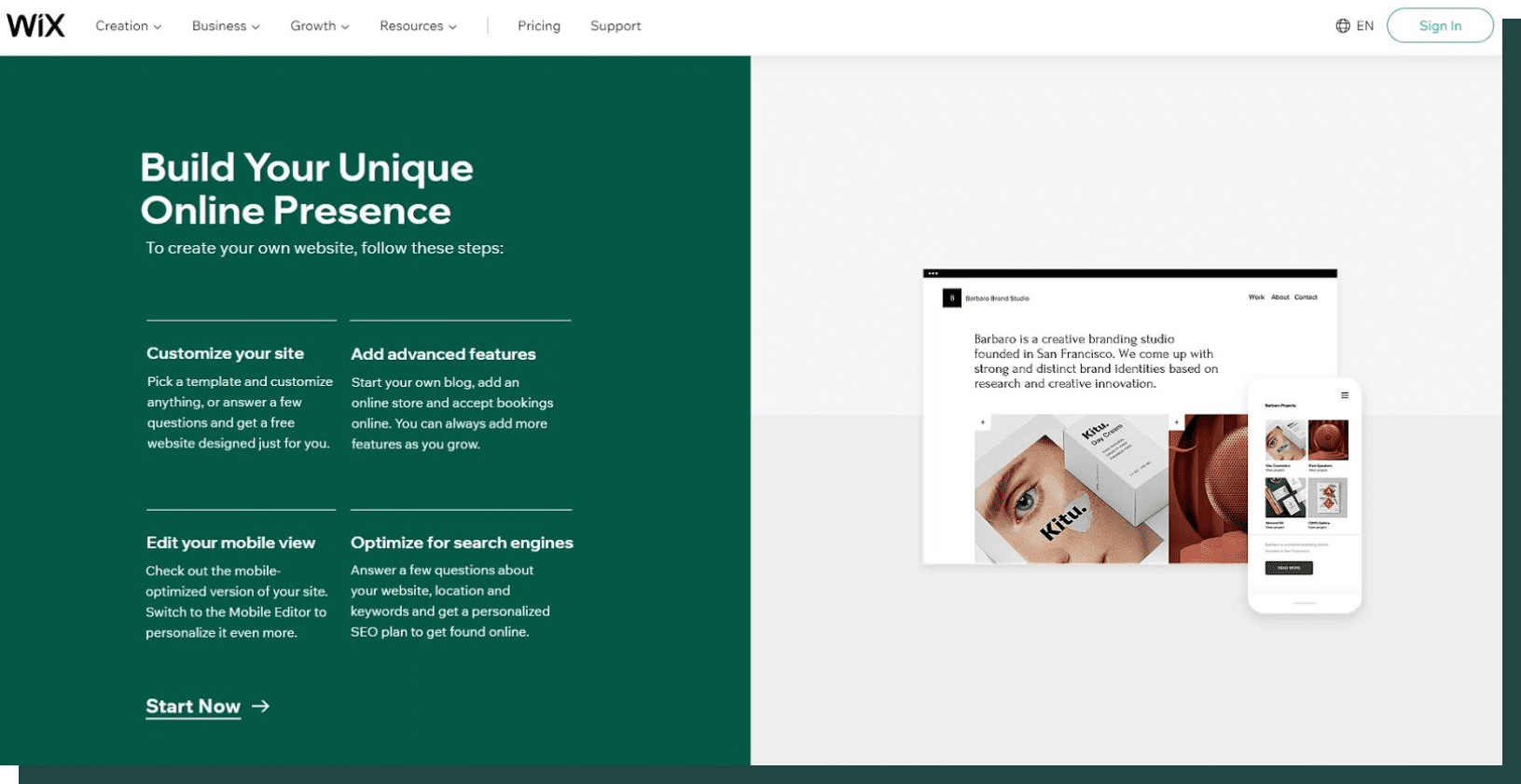 An image of the Wix homepage. The main text reads: "Build your unique online presence." The left side of the screen advertises customizations, mobile view, and SEO, while the right side shows an image of the Wix site builder.