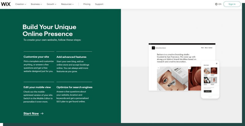 An image of the Wix homepage.