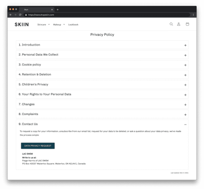Skiin Privacy Policy GDPR Example