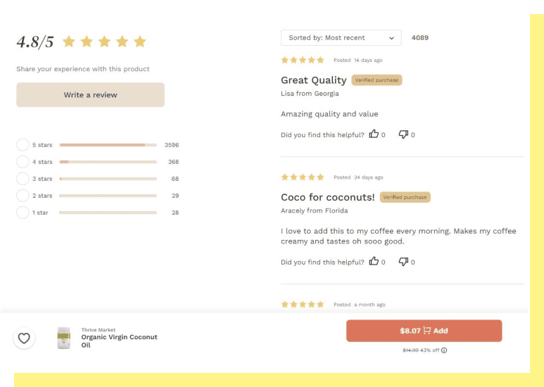 An image of a reviews page on Thrive Market. The reviews are for Organic Virgin Coconut Oil, with the overall star rating on the left side, and the individual reviews sorted on the right side.