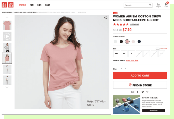 An image of a product page for a women's t-shirt from the brand Uniqlo. The model is in the center of the page, with product information on the right, and photo gallery to look through on the left.
