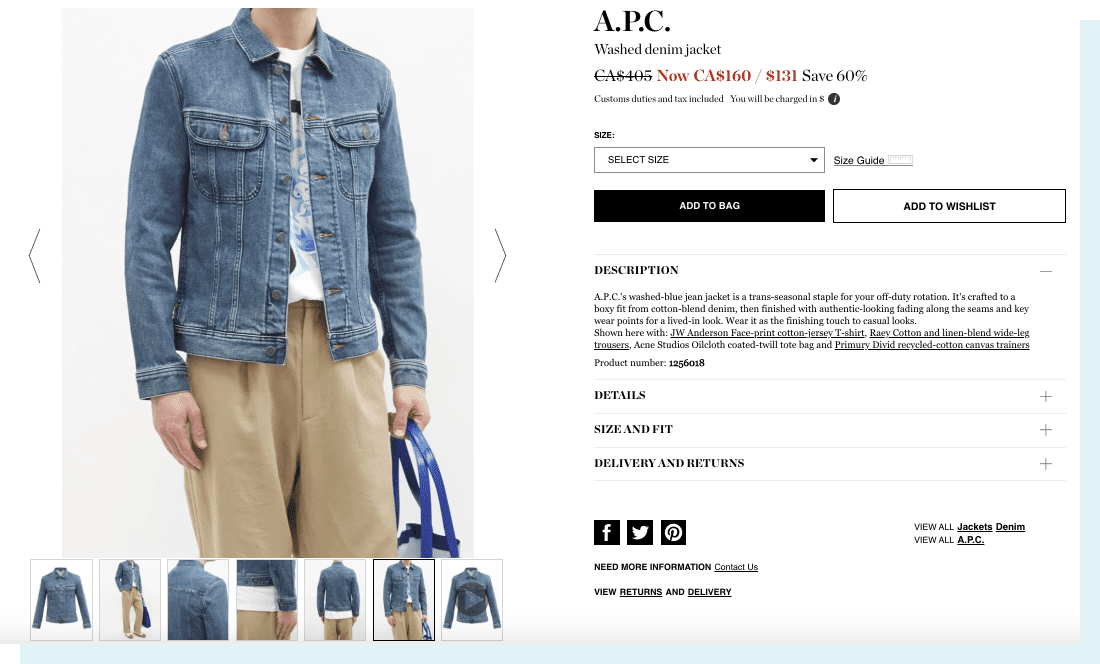 An image of a product page on the website Matches Fashion. The image contains a model wearing a washed denim jacket on the left, while product information organized in drop down menus is on the right.