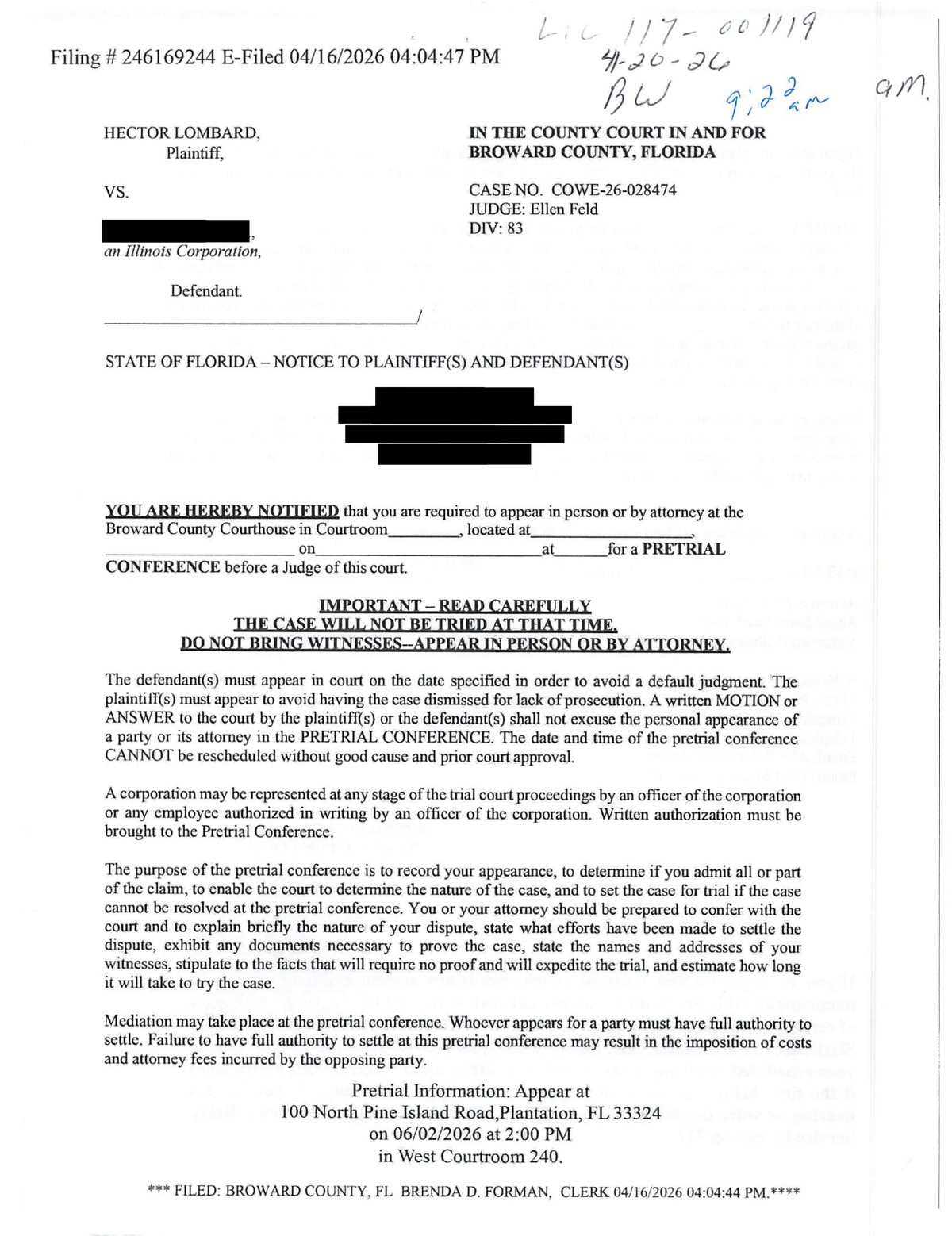 Page 1 of a redacted Florida FSCA demand letter filed in Broward County, April 2026