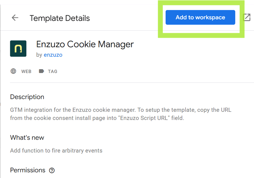 Enzuzo Cookie Manager template details with the Add to workspace button highlighted.