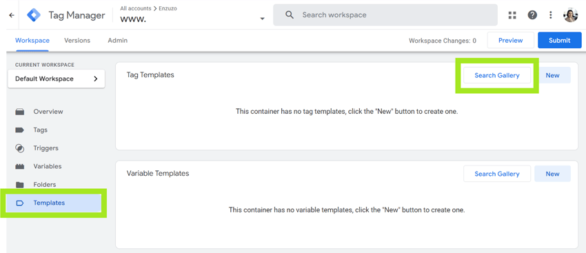 Google Tag Manager Templates page with Templates in the sidebar and Search Gallery highlighted.