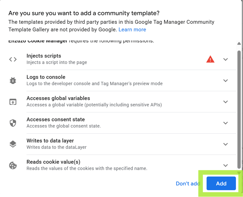 Google Tag Manager community template permissions dialog for Enzuzo Cookie Manager with the Add button highlighted.