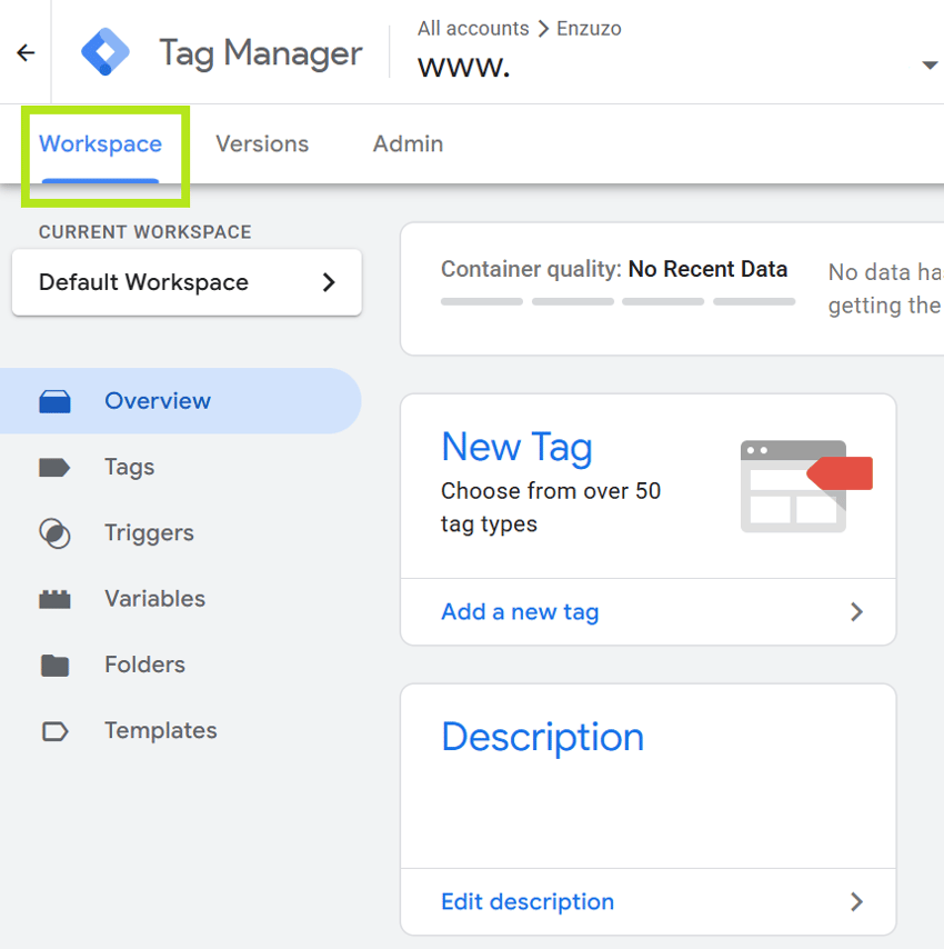 Google Tag Manager workspace with the Workspace tab highlighted.