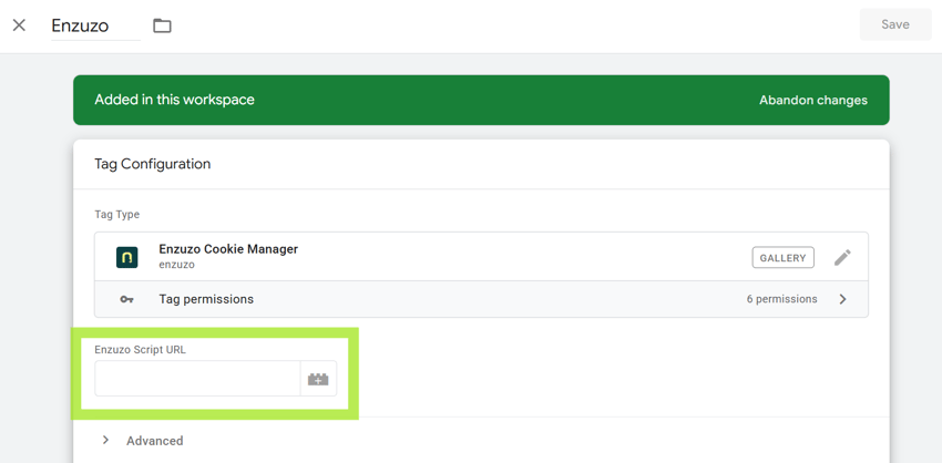 Enzuzo Cookie Manager tag settings showing the Enzuzo Script URL field.