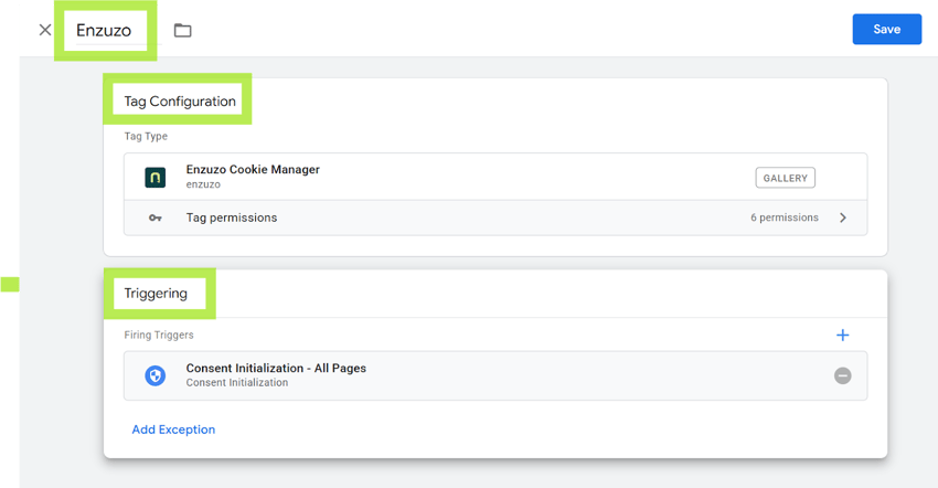 New GTM tag named Enzuzo using the Enzuzo Cookie Manager template with Consent Initialization - All Pages selected as the trigger.
