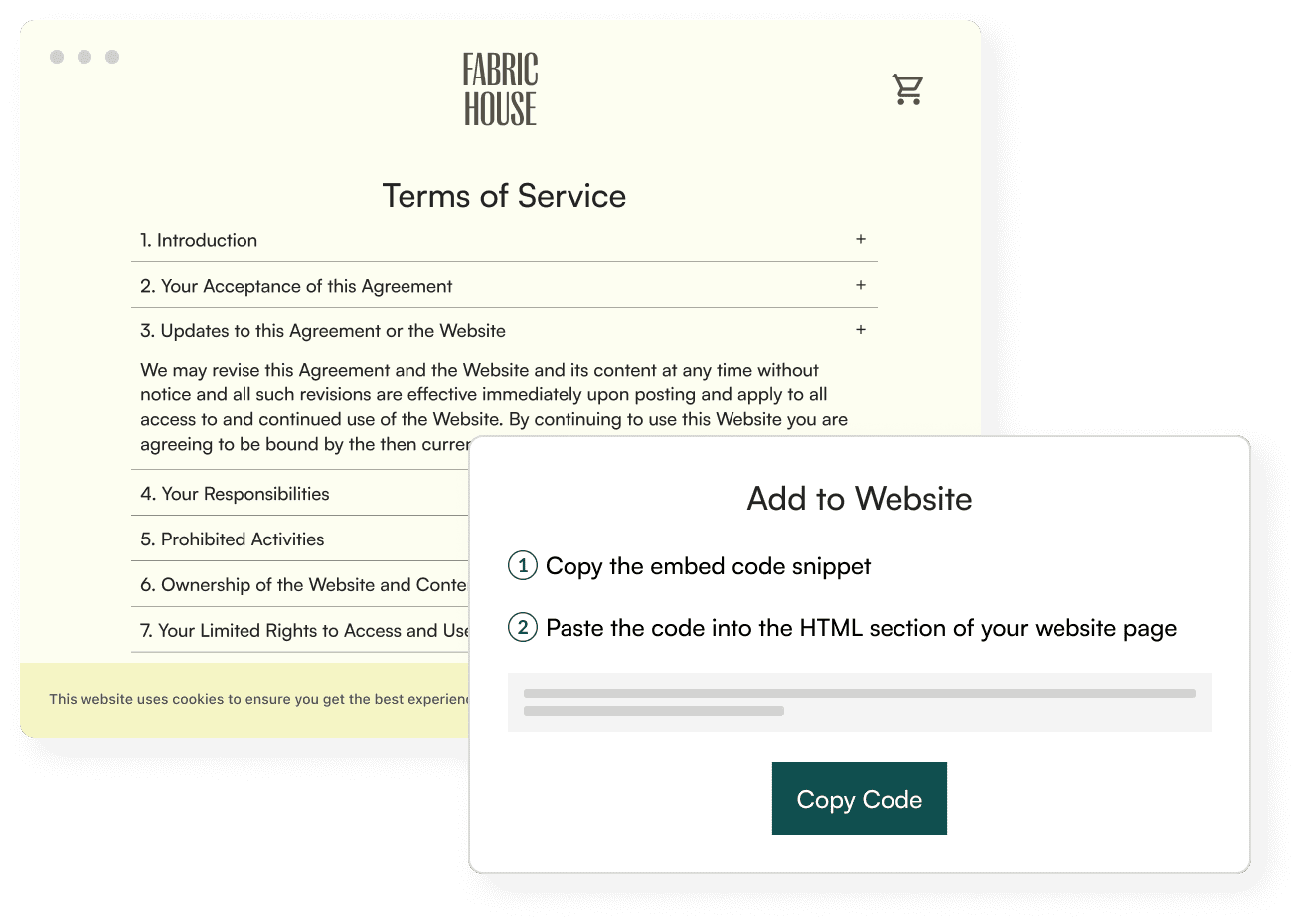 Terms of service + add to site