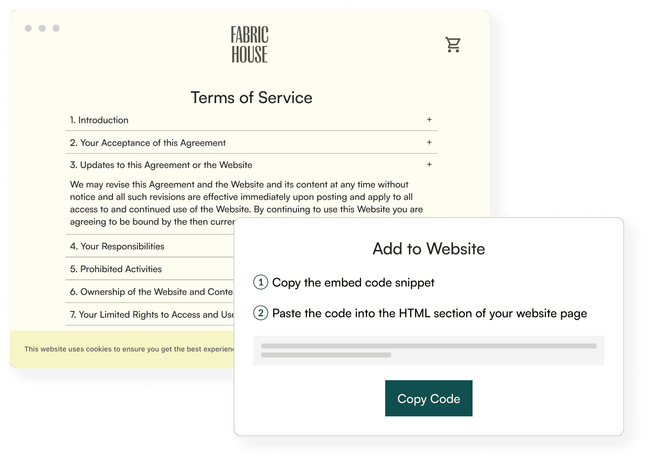 Terms of service + add to site