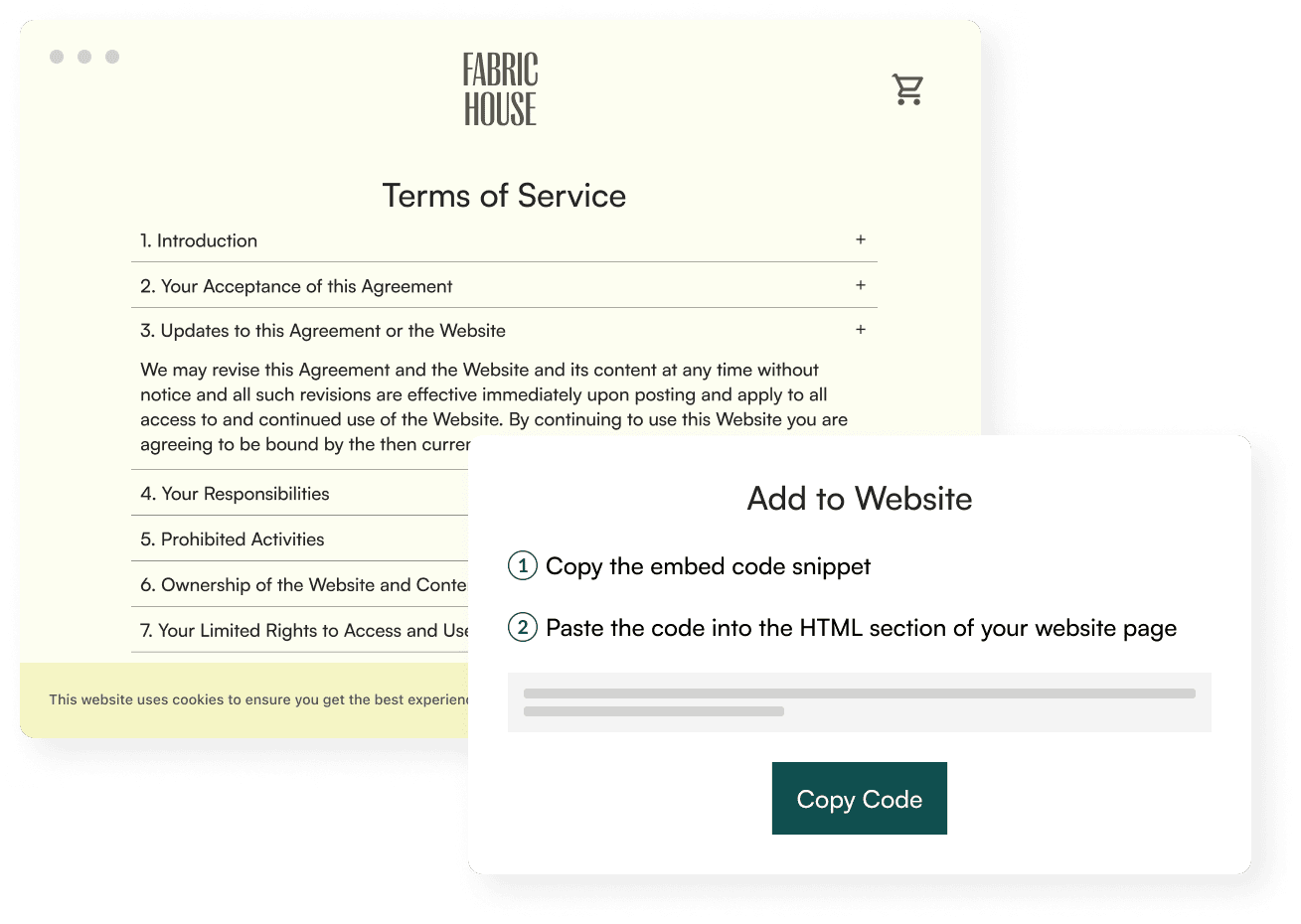 Terms of service + add to site