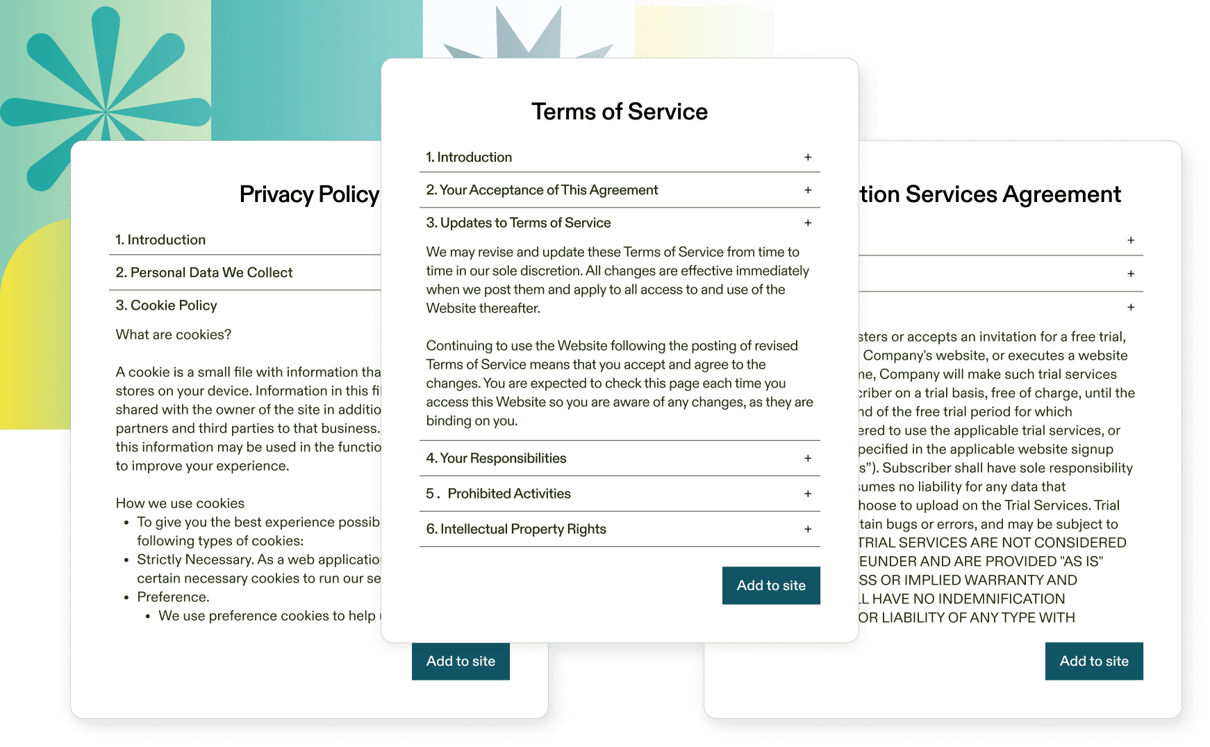 a privacy policy, terms of service and subscription services agreement side by side.