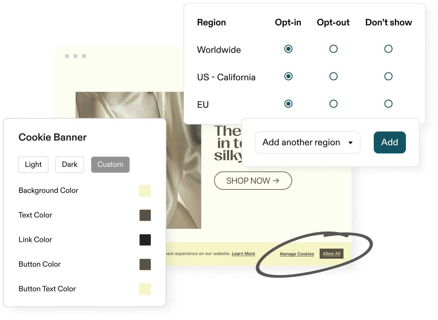 collage of an e-commerce website with dialog boxes of cookie banner configurations.