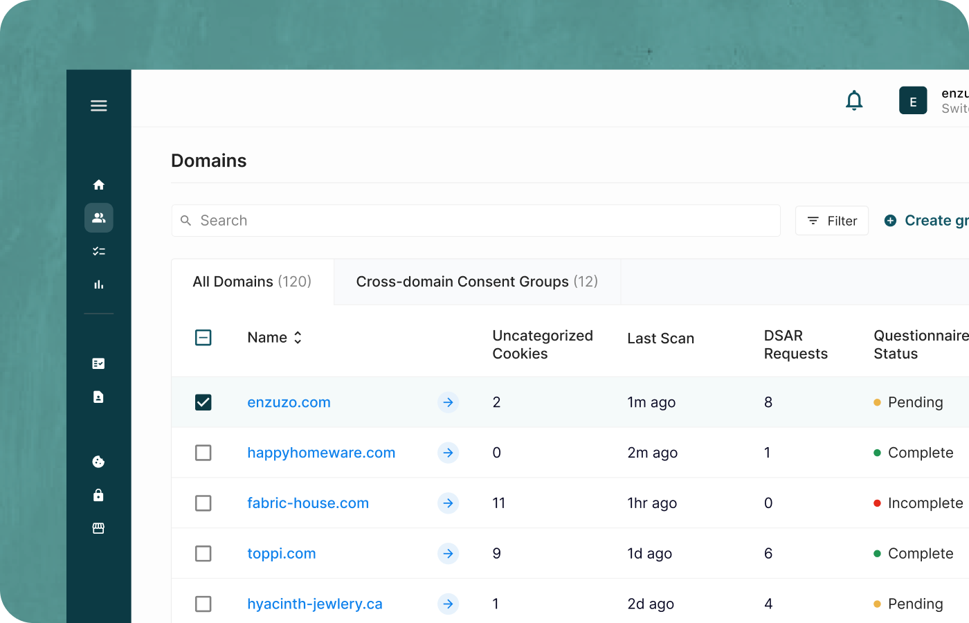 App view of the domains page, showing a table of user domains.