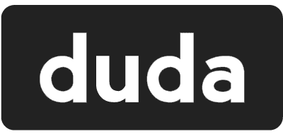 a black coloured logo of the company Duda.