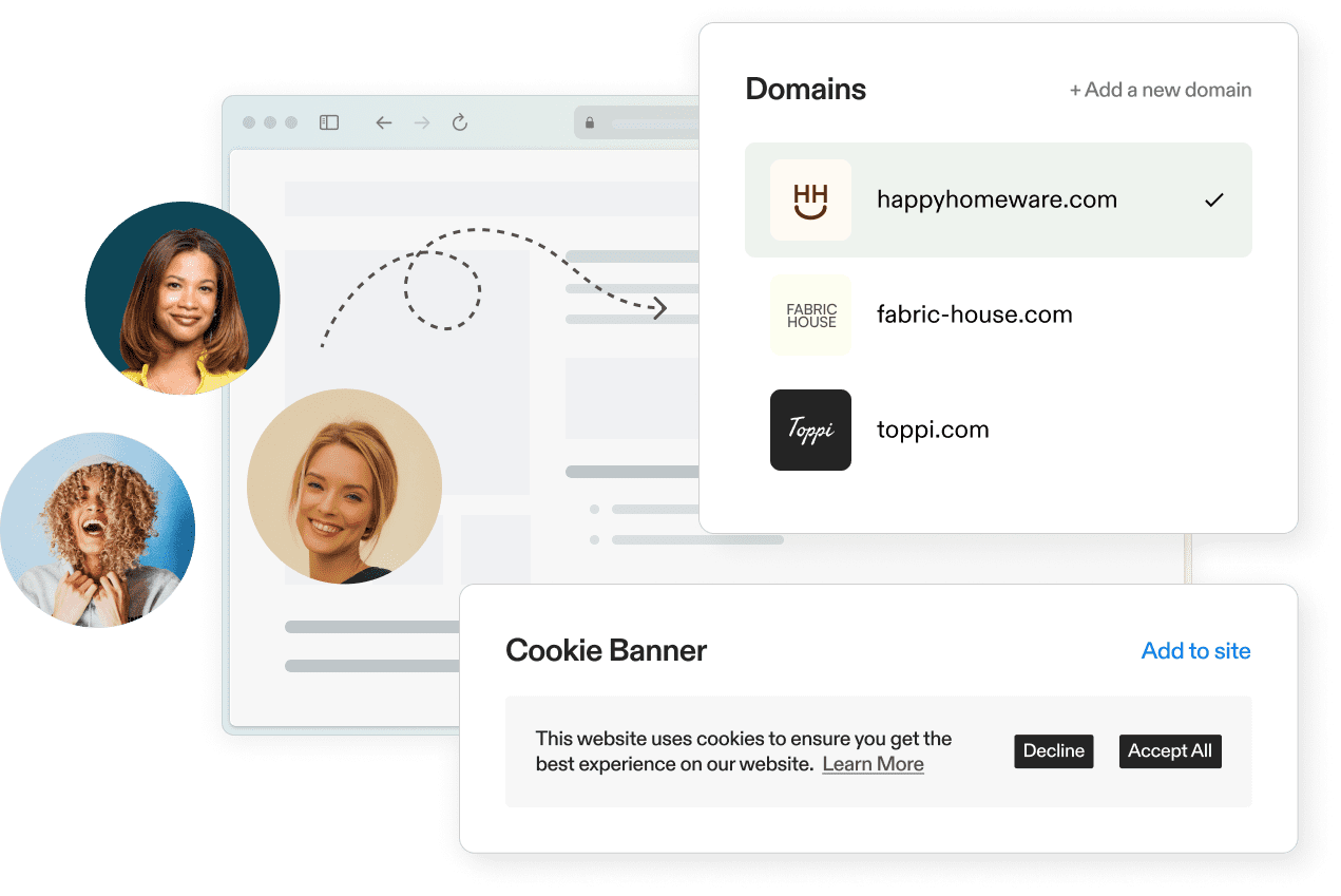 collage of 3 smiling women with an arrow pointing them to multiple web domains.