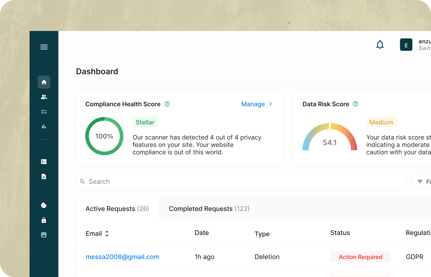 View of an app dashboard, showing compliance health score, data risk score and DSAR request logs.