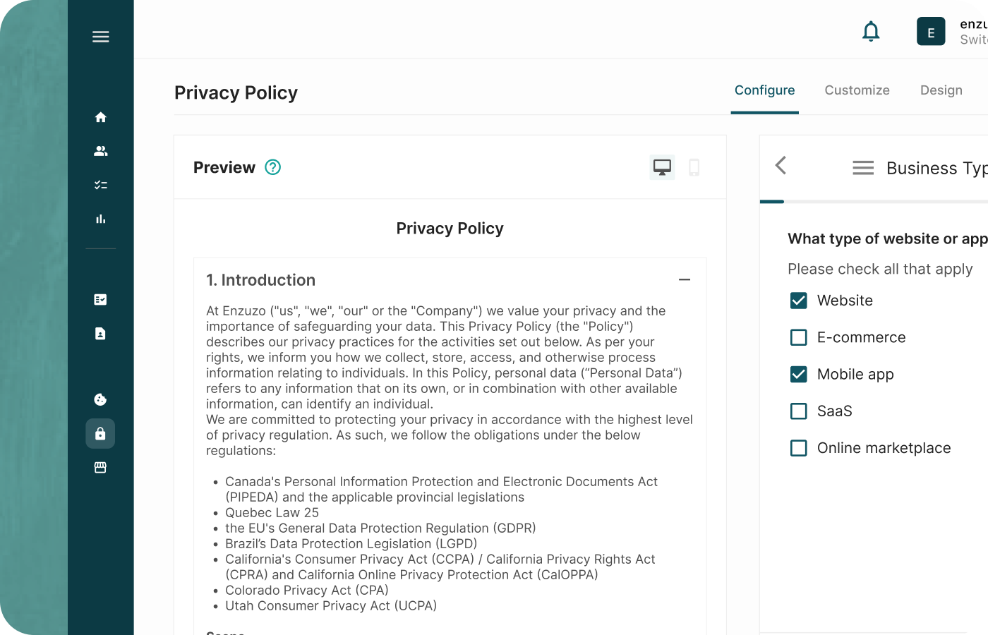 App setup of a privacy policy.