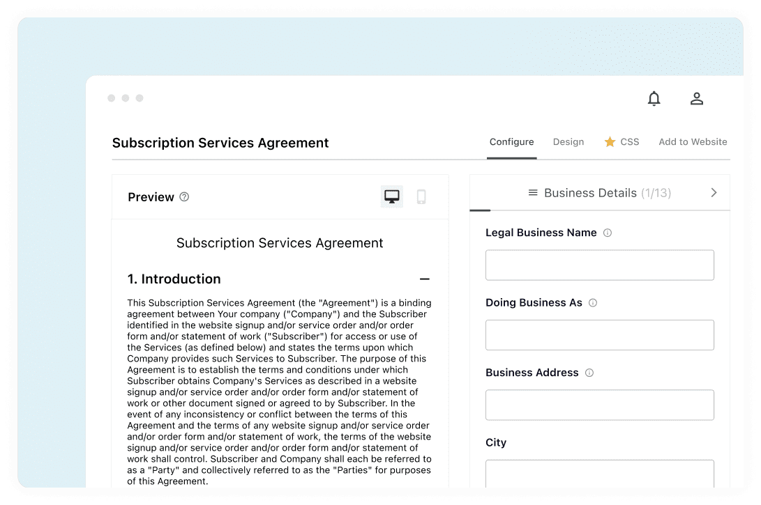screen-capture of a subscription service agreement generator from the Enzuzo web app.