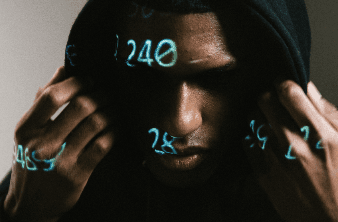 Man in a black hood with code-like numbers on his face