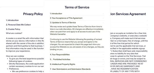 Collage of a privacy policy, terms of sevice and subscription service agreement